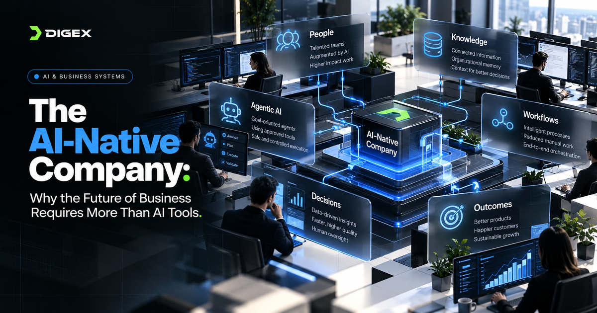 DIGEX perspective on the AI-native company, showing connected intelligence across people, knowledge, workflows, decisions, and business outcomes.