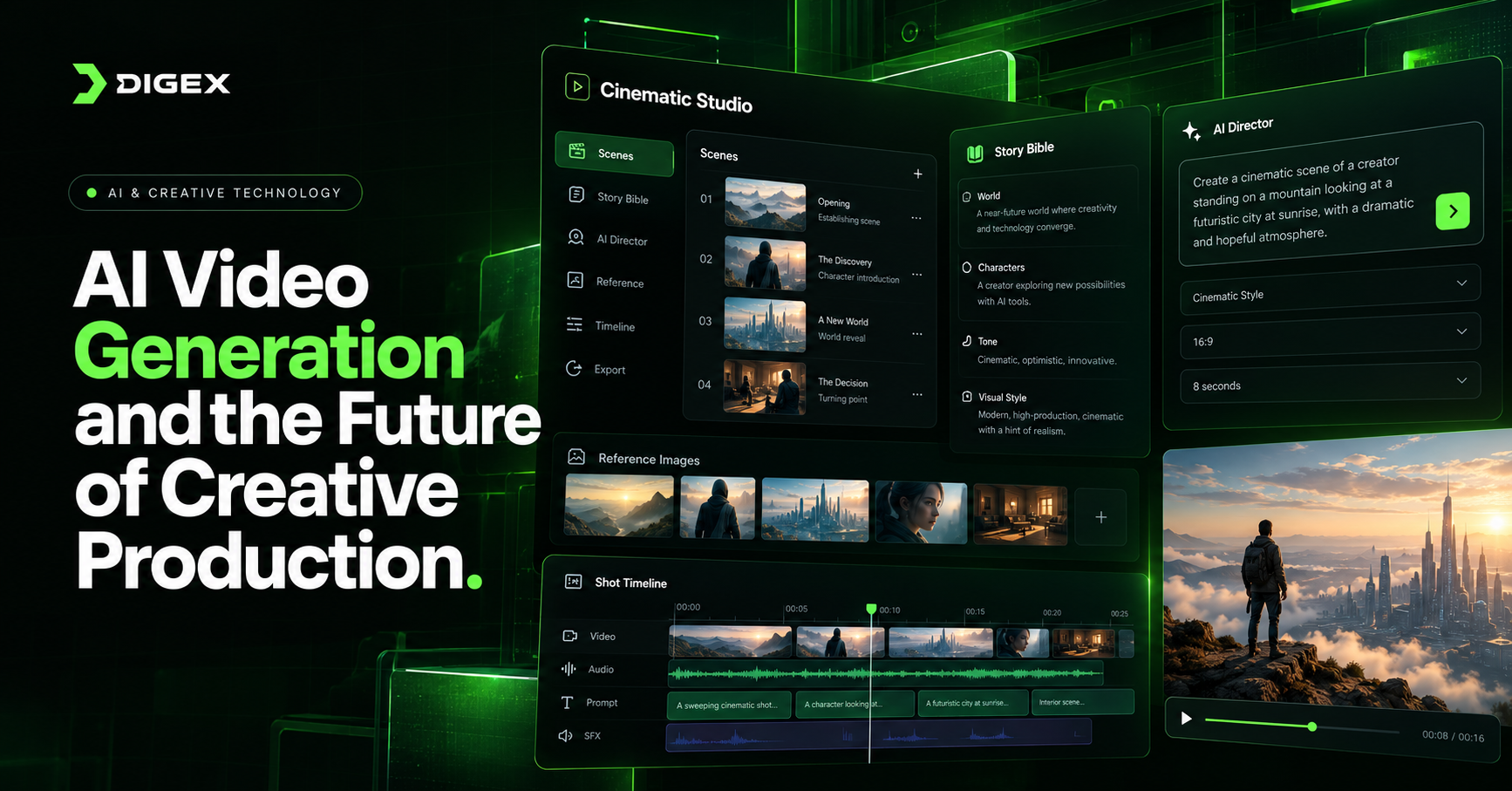 DIGEX visual showing an AI-assisted cinematic production workflow with scenes, Story Bible, AI Director, references and timeline editing.