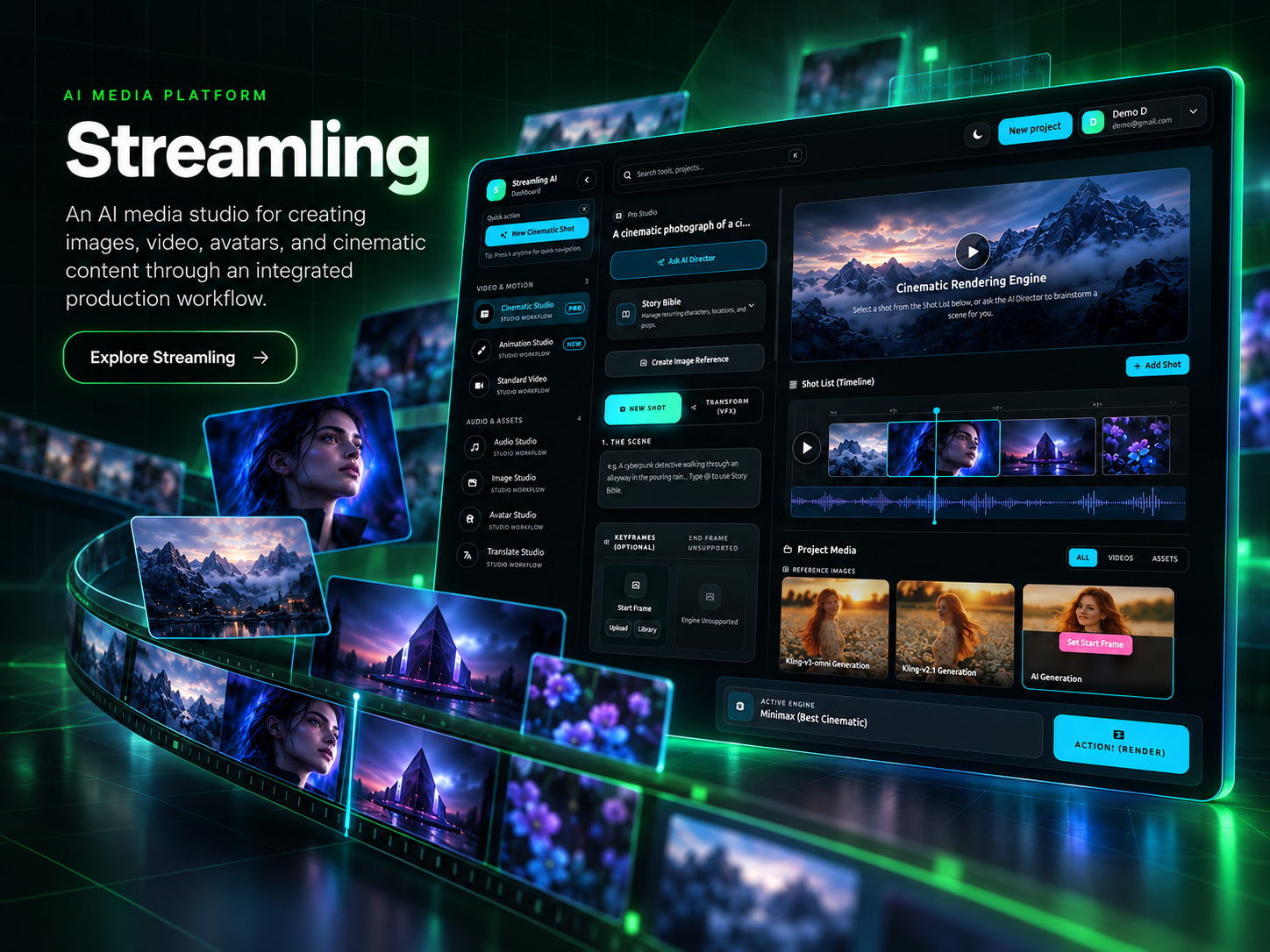 Streamling AI media studio and cinematic production workspace